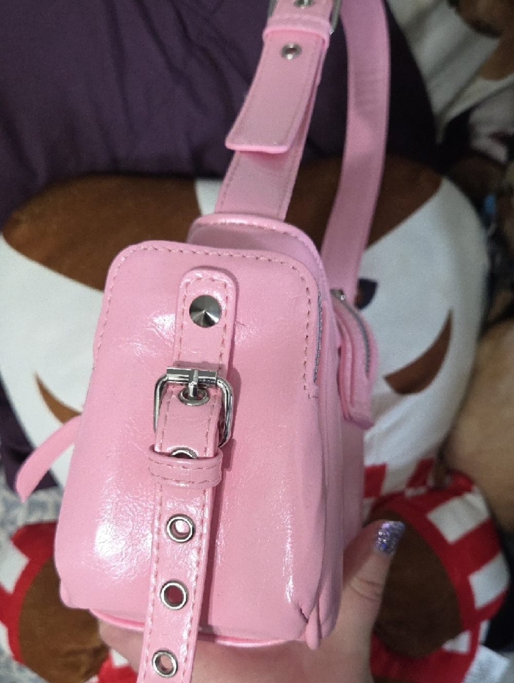 Studded Pink Shoulder Bag with Buckle Accent - Picture 4 of 6